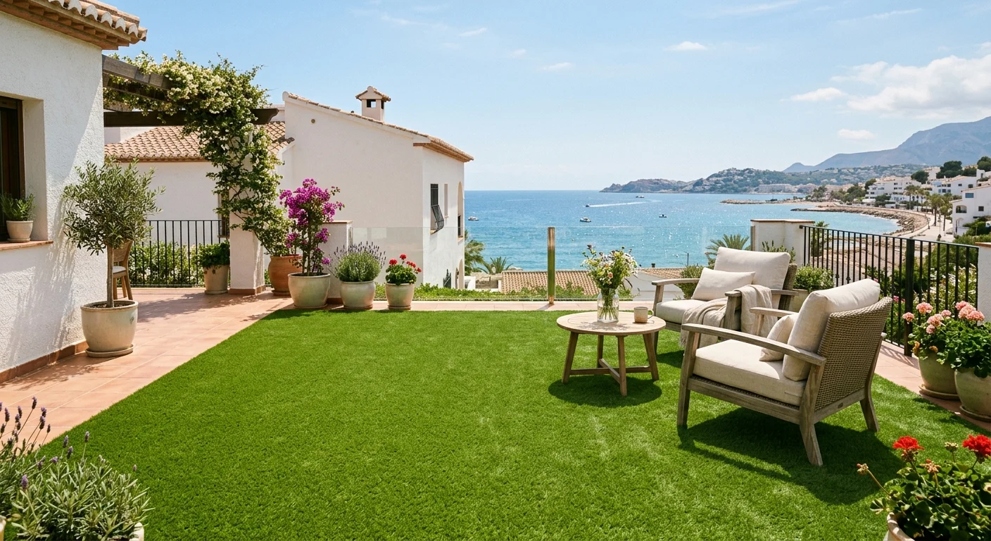 Instalación de césped artificial y paisajismo en una terraza mediterránea en Alfaz del Pi, Costa Blanca