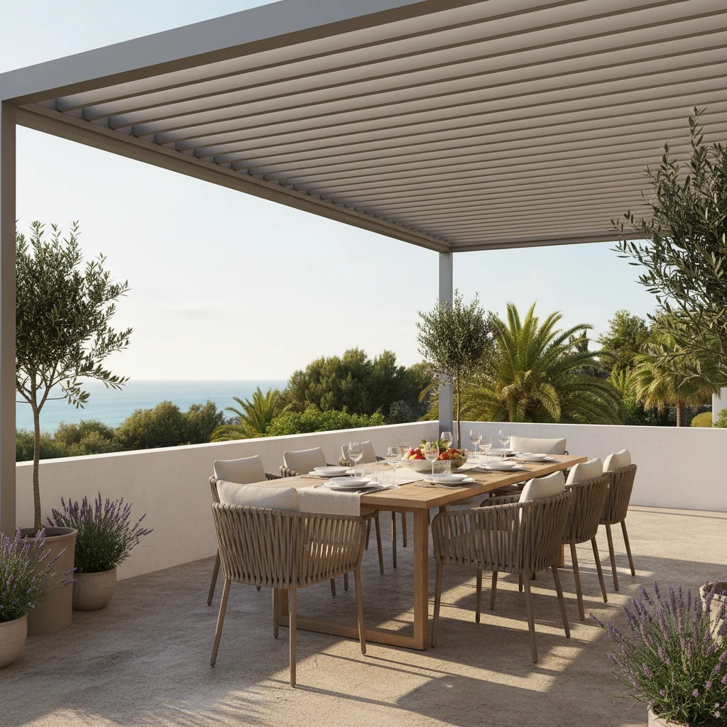 Instalación de pérgolas bioclimáticas en una terraza mediterránea en Alfaz del Pi, Costa Blanca