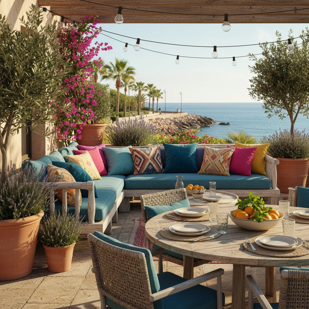 Outdoor-Kissen & Textilien-Einrichtung auf einer mediterranen Terrasse in Alfaz del Pi, Costa Blanca