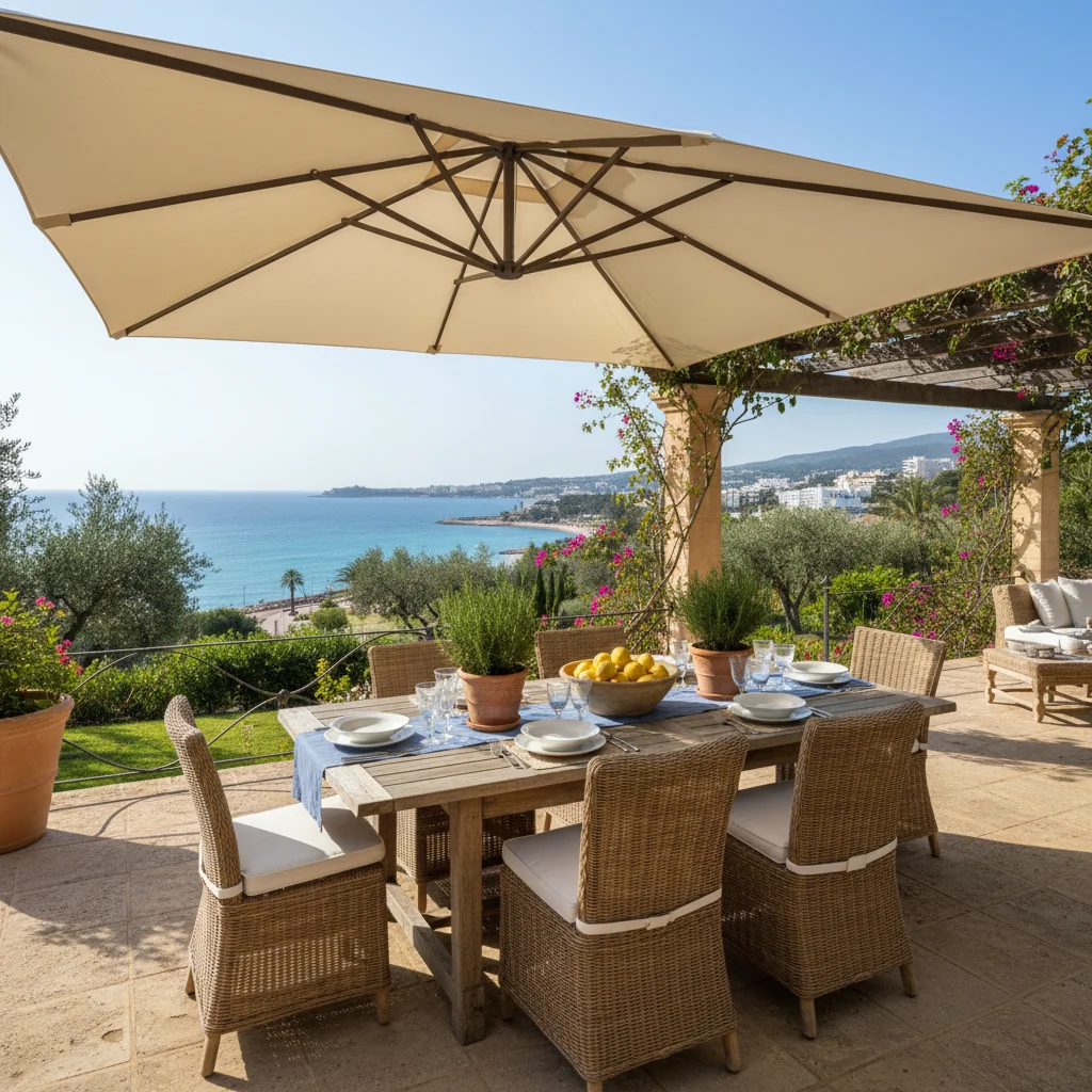 Parasols & Shade Sails setup on a Mediterranean terrace in Alfaz del Pi, Costa Blanca