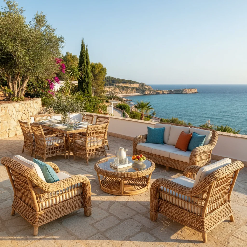 Rattan-Loungemöbel-Einrichtung auf einer mediterranen Terrasse in Alfaz del Pi, Costa Blanca