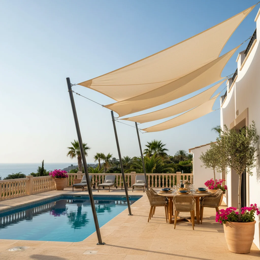 Sonnensegel-Einrichtung auf einer mediterranen Terrasse in Alfaz del Pi, Costa Blanca