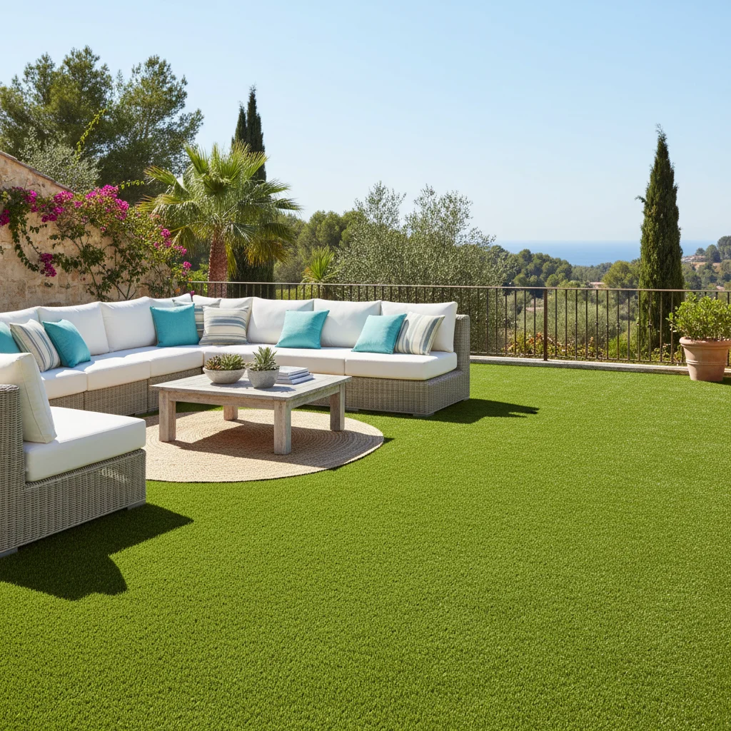 Instalación de césped artificial y paisajismo en una terraza mediterránea en Algorfa, Costa Blanca