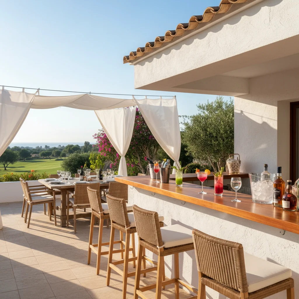 Instalación de muebles de bar exterior en una terraza mediterránea en Algorfa, Costa Blanca