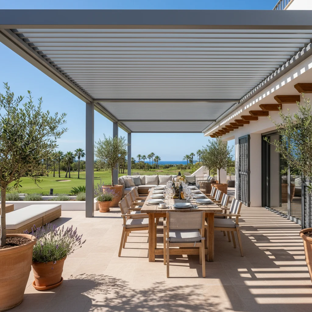 Instalación de pérgolas bioclimáticas en una terraza mediterránea en Algorfa, Costa Blanca