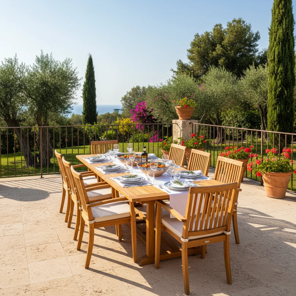Instalación de conjuntos de comedor exterior en una terraza mediterránea en Algorfa, Costa Blanca