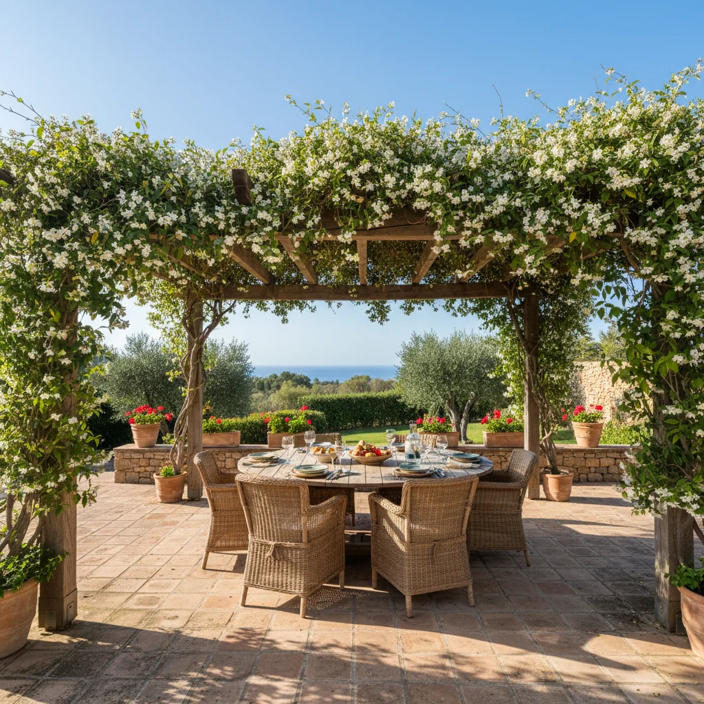 Fixed Pergolas setup on a Mediterranean terrace in Algorfa, Costa Blanca
