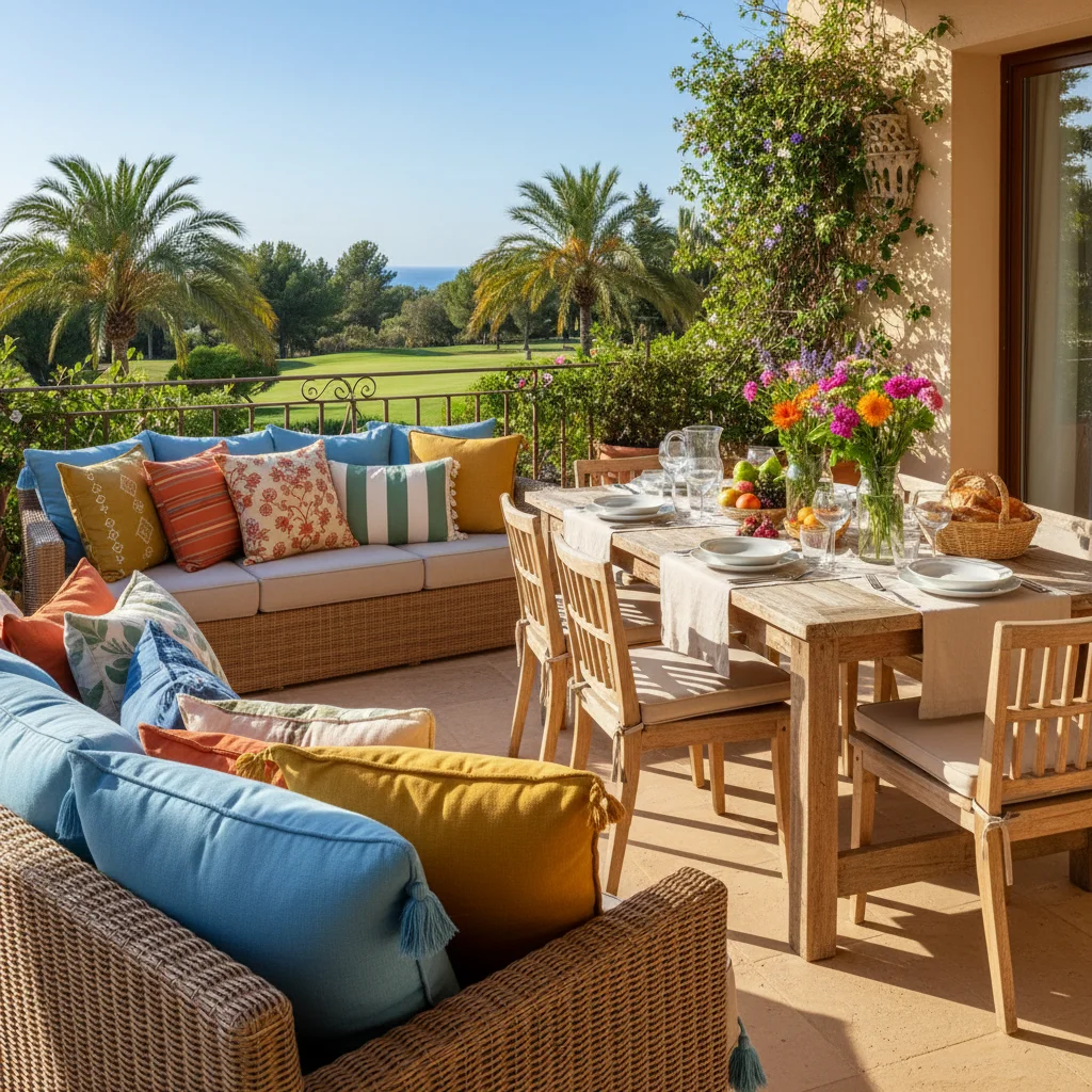 Outdoor-Kissen & Textilien-Einrichtung auf einer mediterranen Terrasse in Algorfa, Costa Blanca