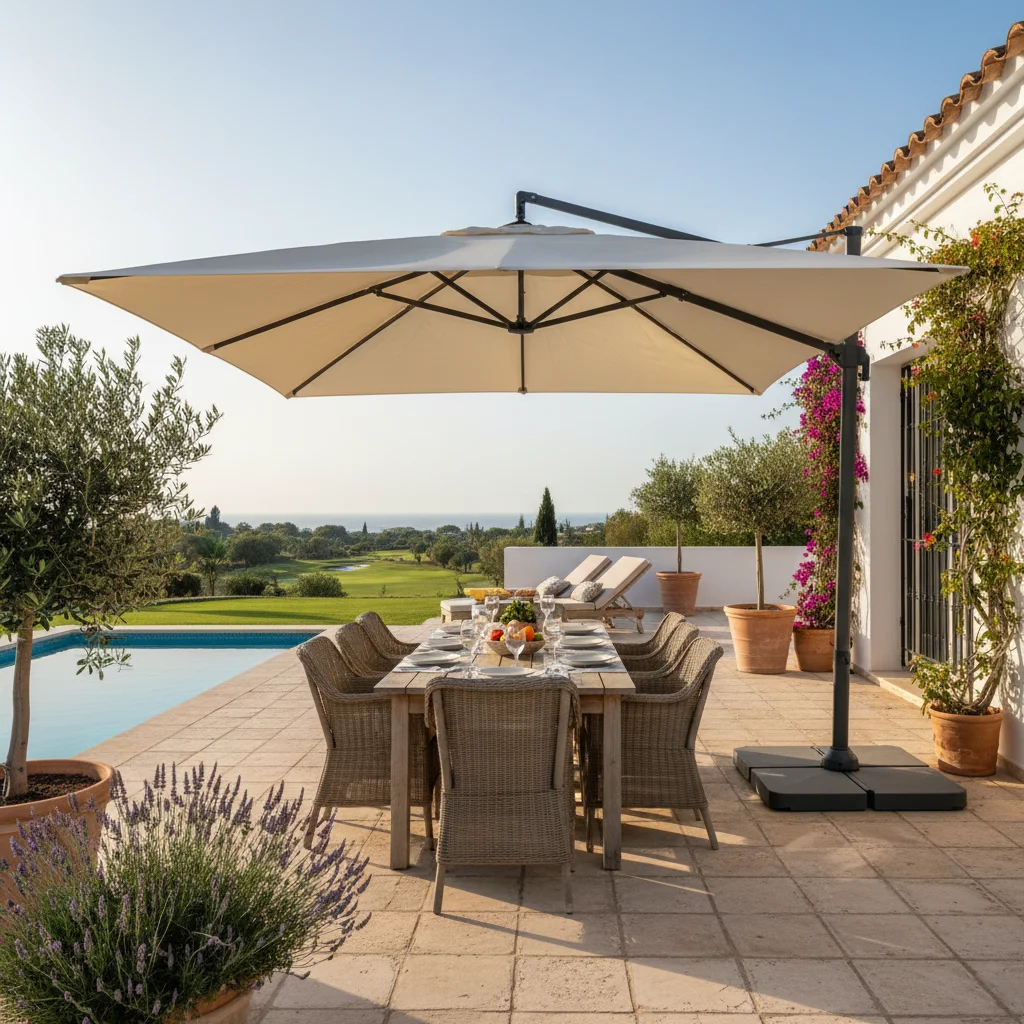 Instalación de sombrillas y parasoles en una terraza mediterránea en Algorfa, Costa Blanca
