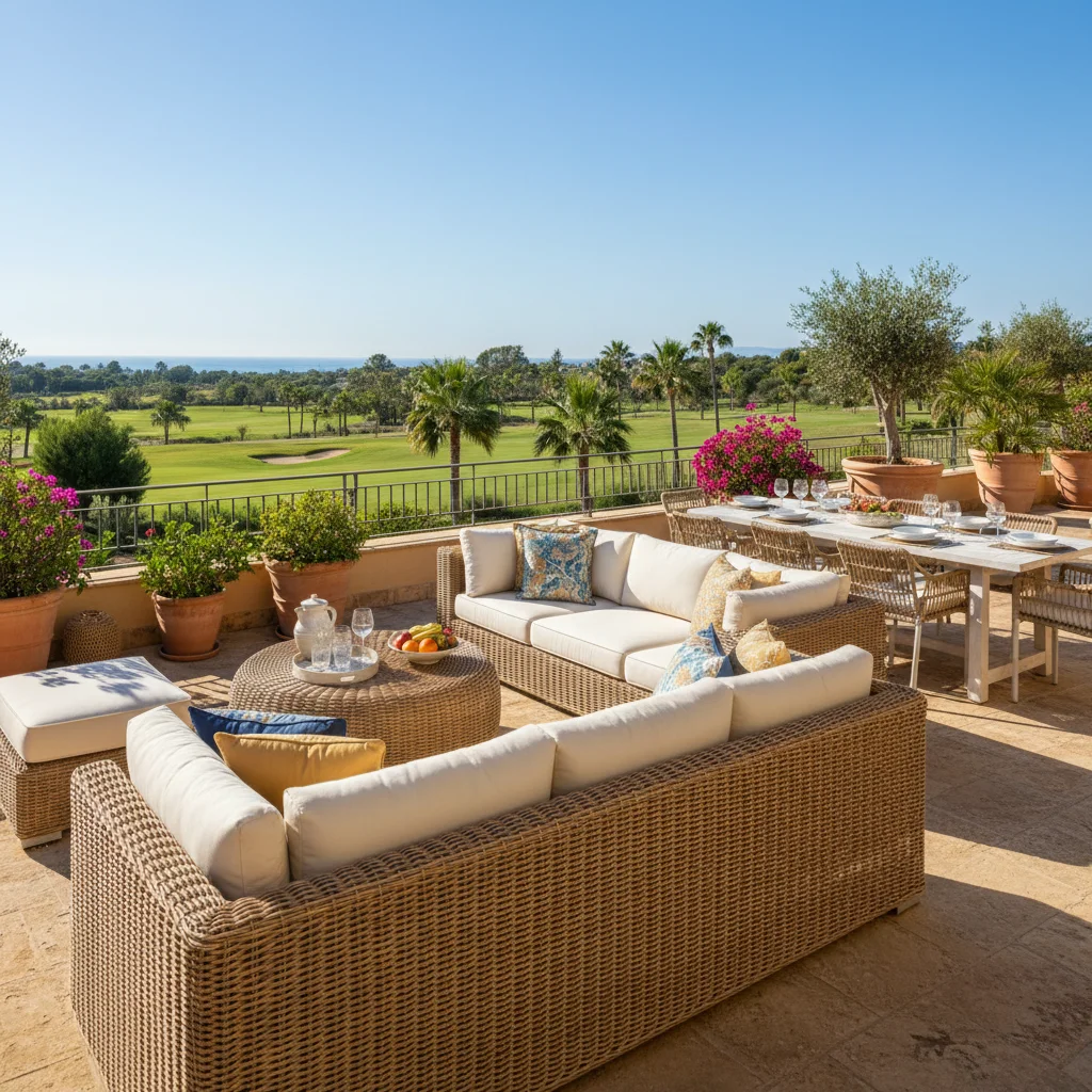 Instalación de conjuntos lounge de ratán en una terraza mediterránea en Algorfa, Costa Blanca