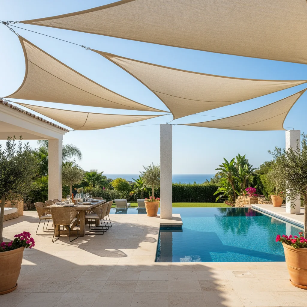 Instalación de velas de sombra en una terraza mediterránea en Algorfa, Costa Blanca