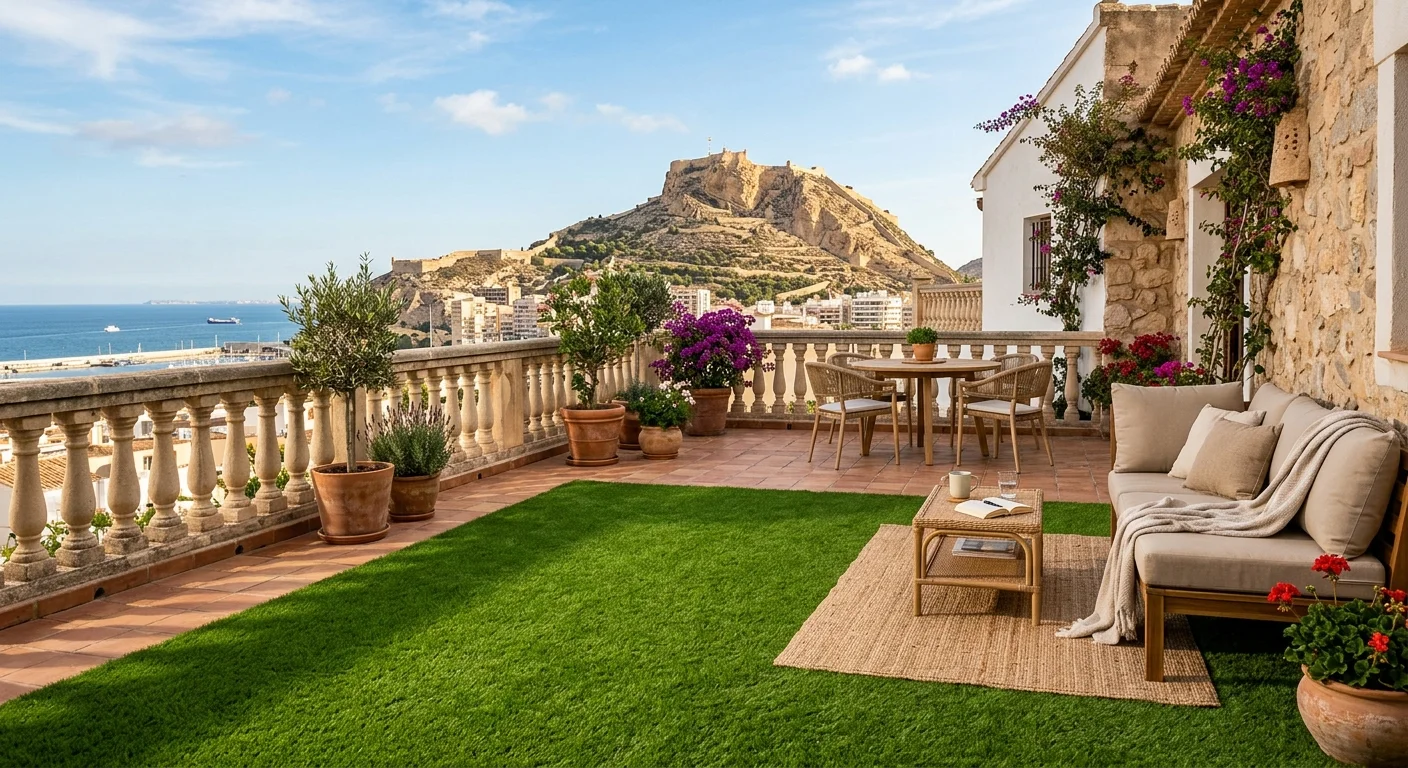 Instalación de césped artificial y paisajismo en una terraza mediterránea en Alicante, Costa Blanca