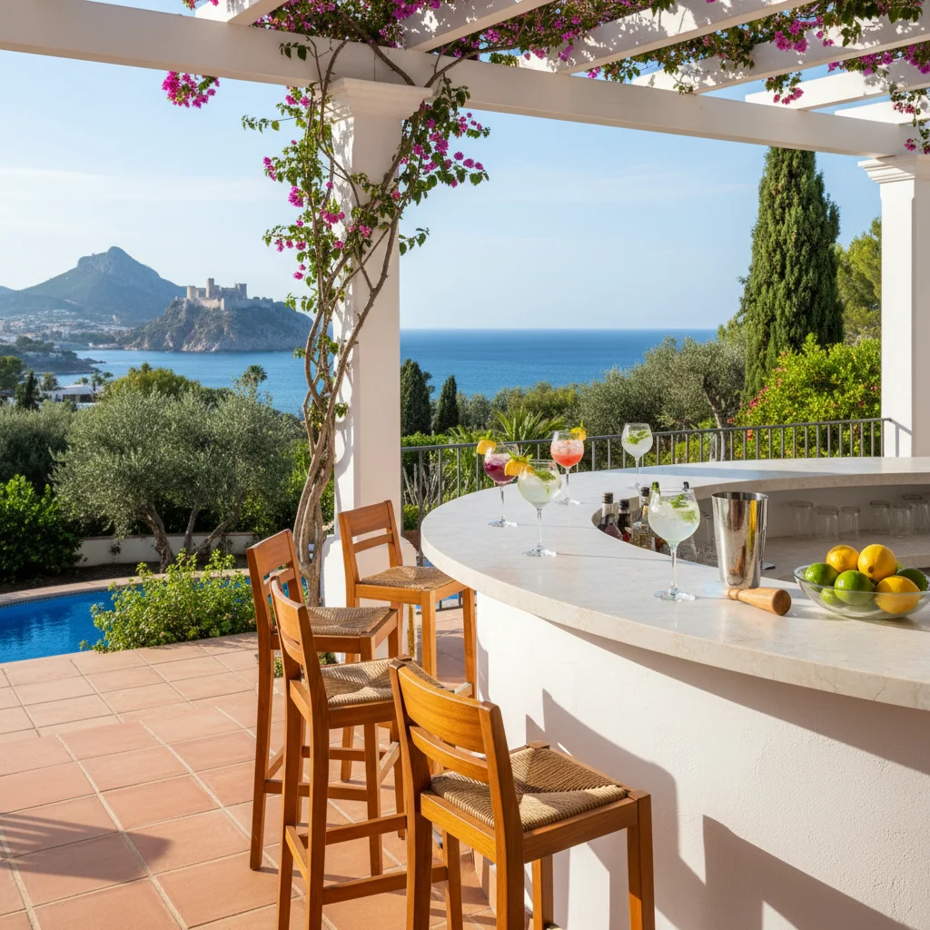 Instalación de muebles de bar exterior en una terraza mediterránea en Alicante, Costa Blanca
