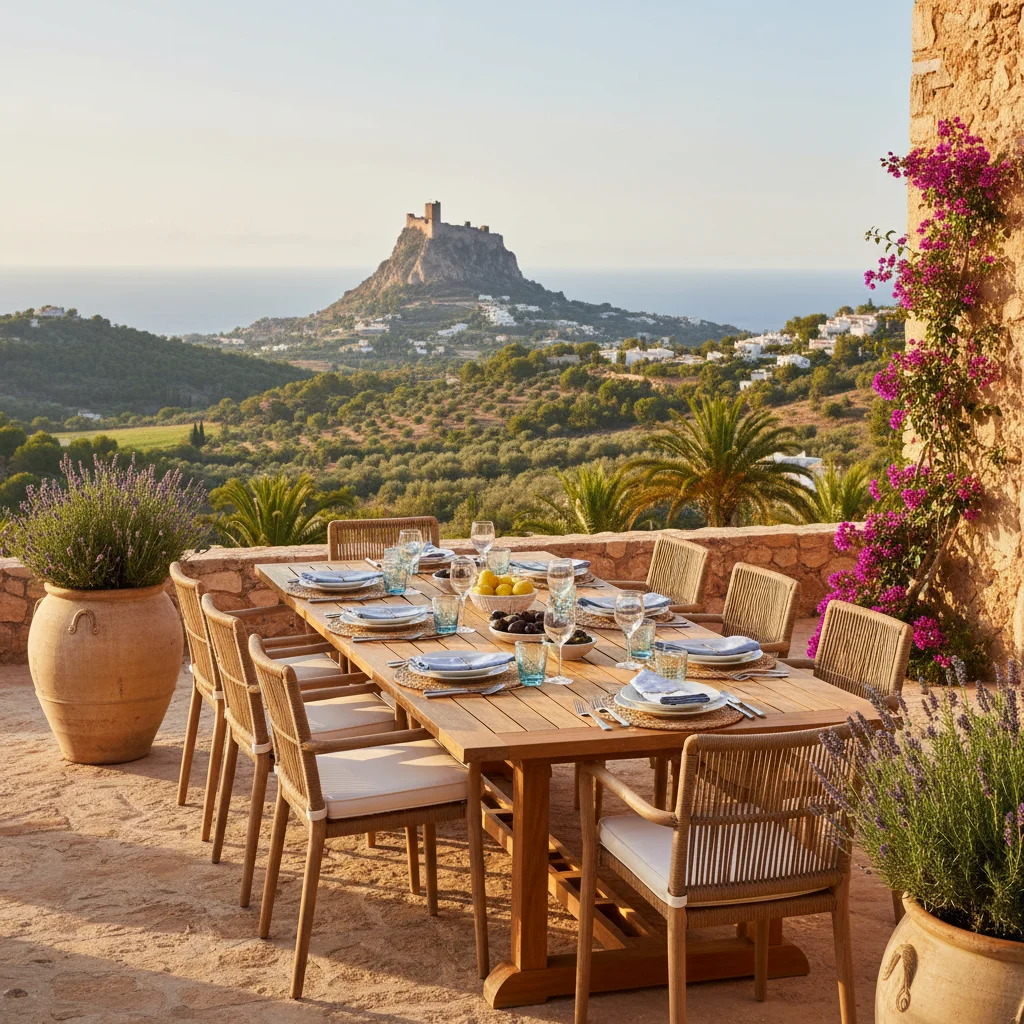 Instalación de conjuntos de comedor exterior en una terraza mediterránea en Alicante, Costa Blanca
