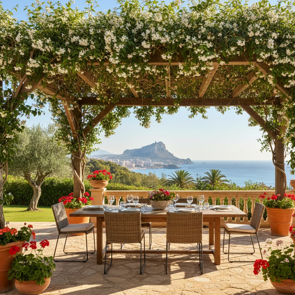 Instalación de pérgolas fijas en una terraza mediterránea en Alicante, Costa Blanca
