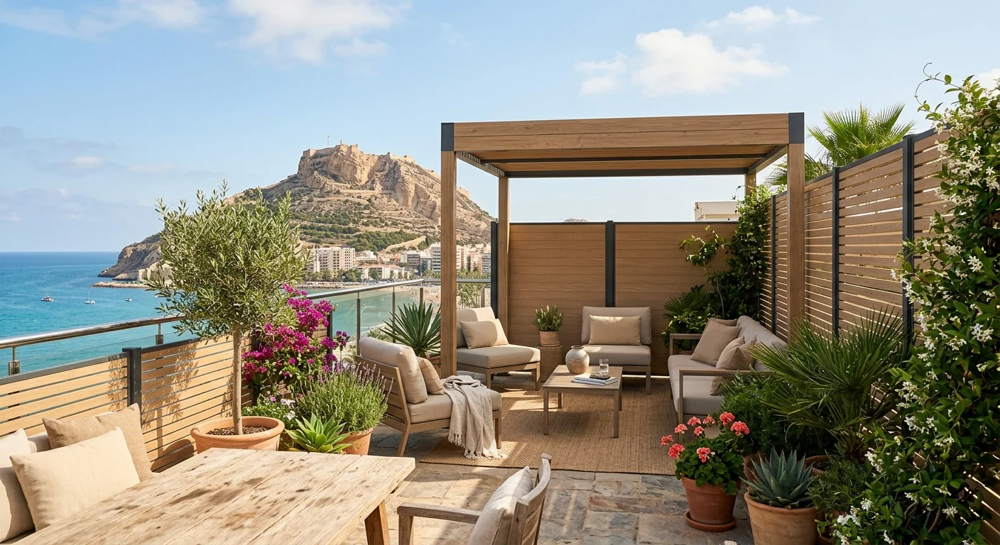Instalación de vallas y cercas de jardín en una terraza mediterránea en Alicante, Costa Blanca