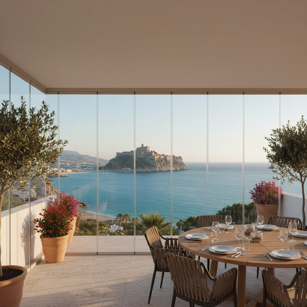 Instalación de cortinas de cristal en una terraza mediterránea en Alicante, Costa Blanca