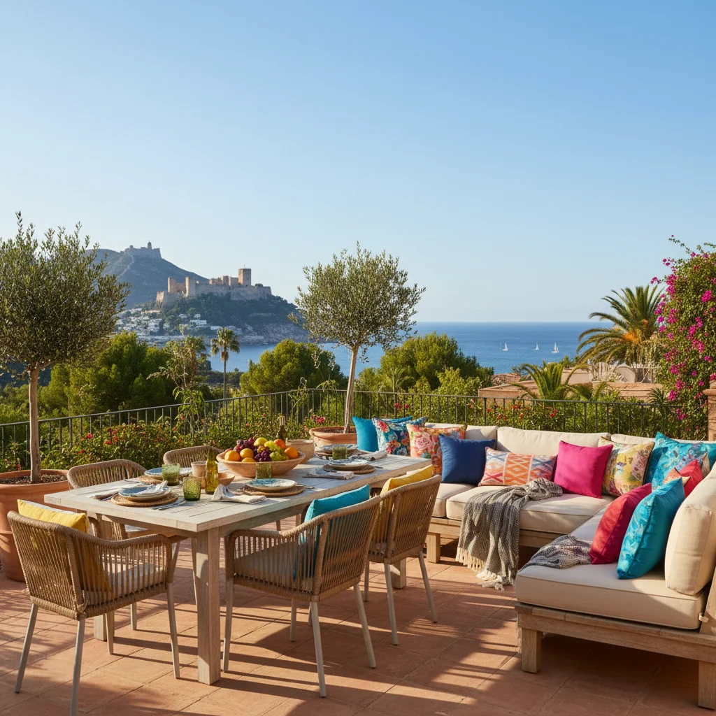 Instalación de cojines y textiles exteriores en una terraza mediterránea en Alicante, Costa Blanca