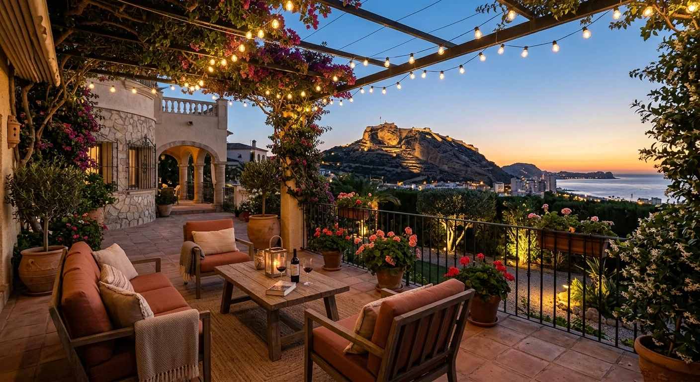 Instalación de iluminación exterior en una terraza mediterránea en Alicante, Costa Blanca