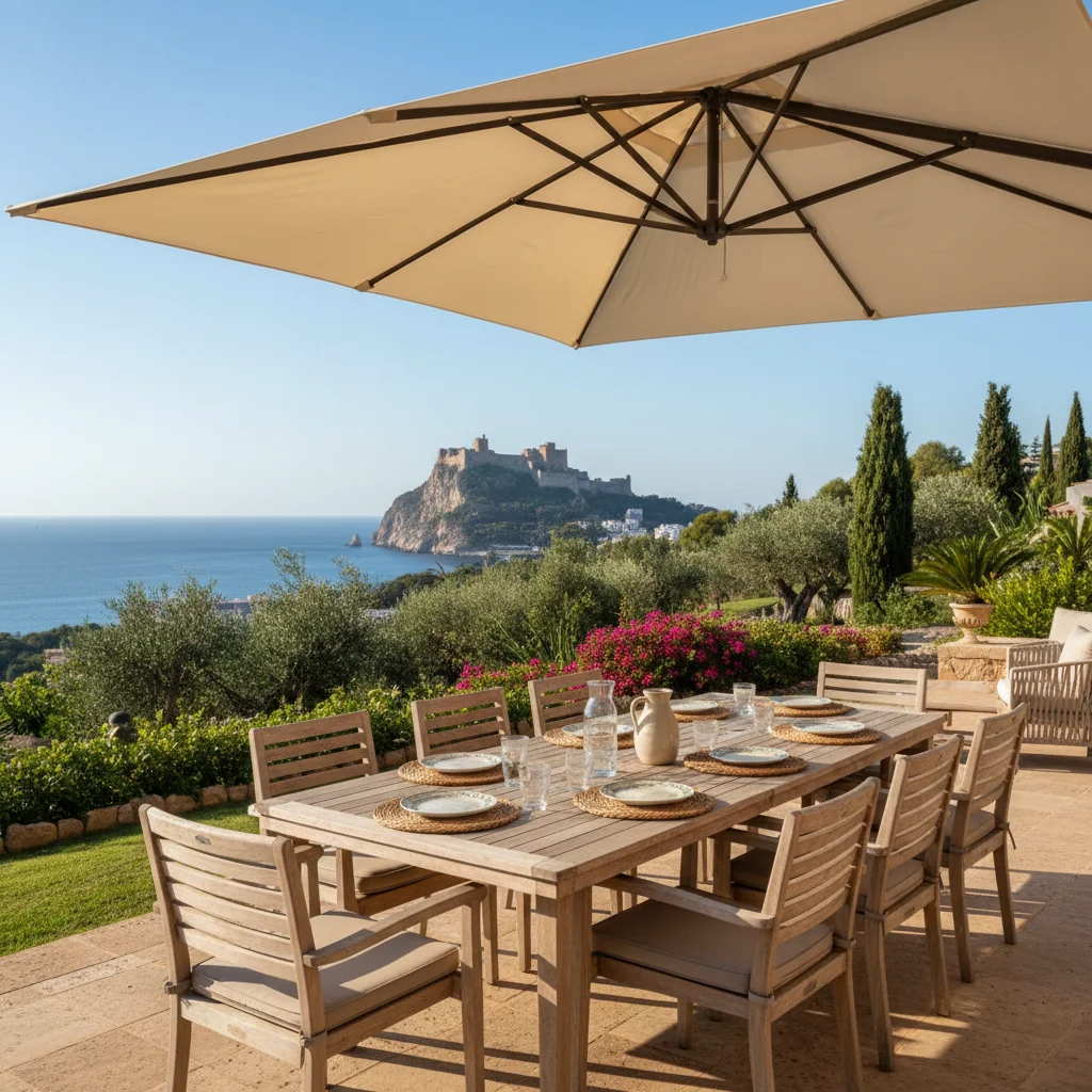 Instalación de sombrillas y parasoles en una terraza mediterránea en Alicante, Costa Blanca