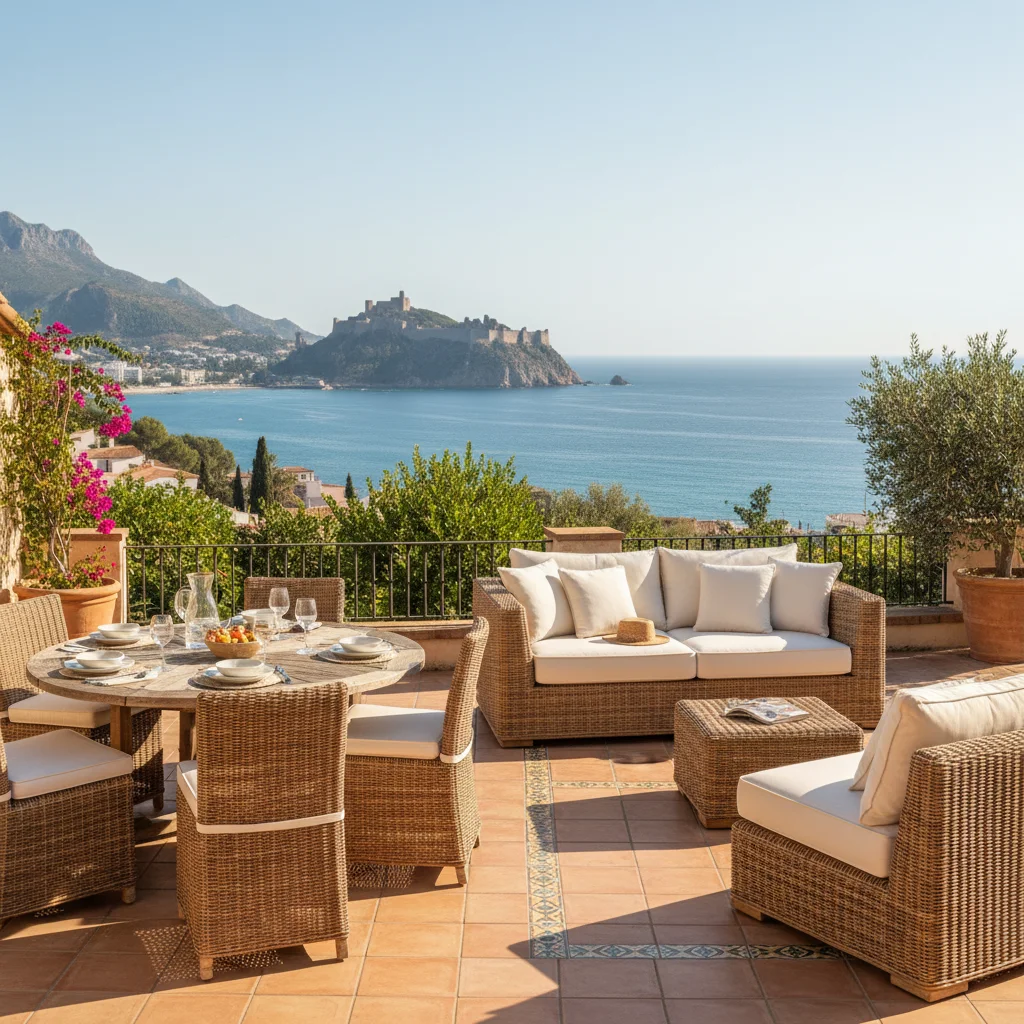 Instalación de conjuntos lounge de ratán en una terraza mediterránea en Alicante, Costa Blanca