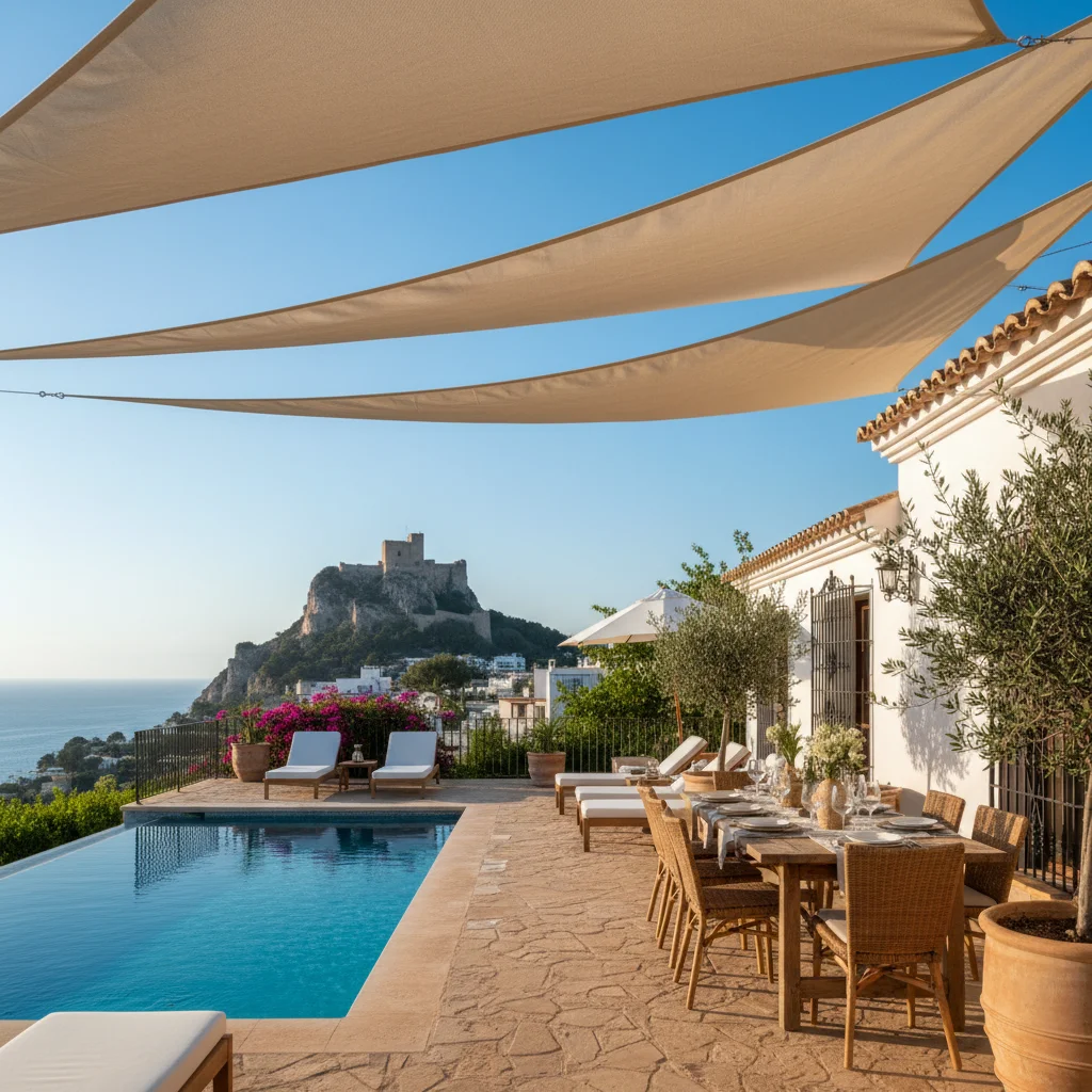 Instalación de velas de sombra en una terraza mediterránea en Alicante, Costa Blanca