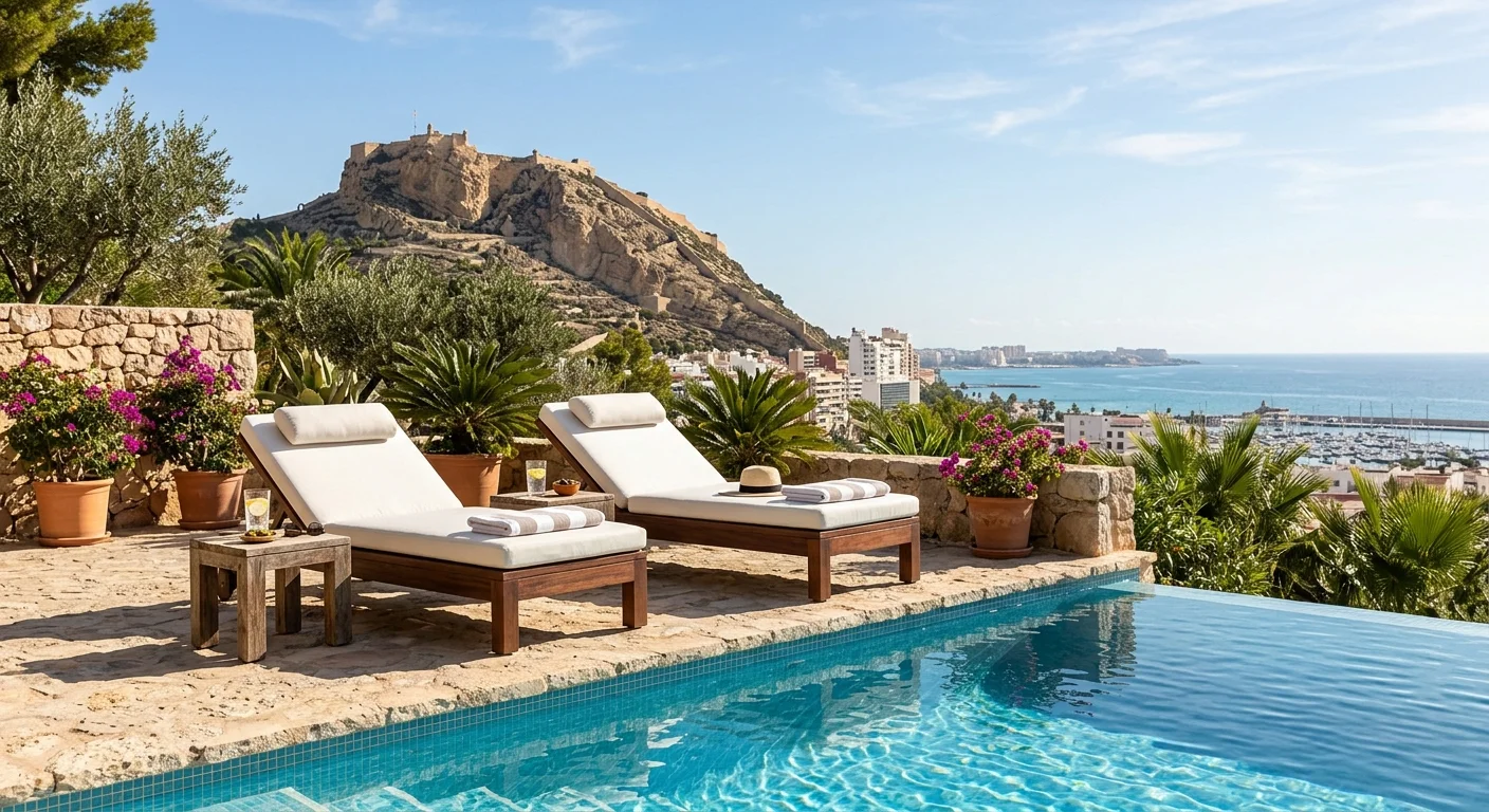 Instalación de tumbonas y daybeds en una terraza mediterránea en Alicante, Costa Blanca