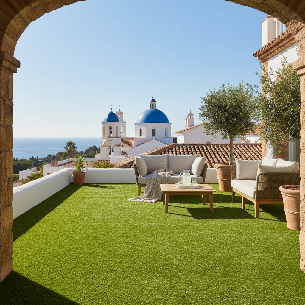 Instalación de césped artificial y paisajismo en una terraza mediterránea en Altea, Costa Blanca