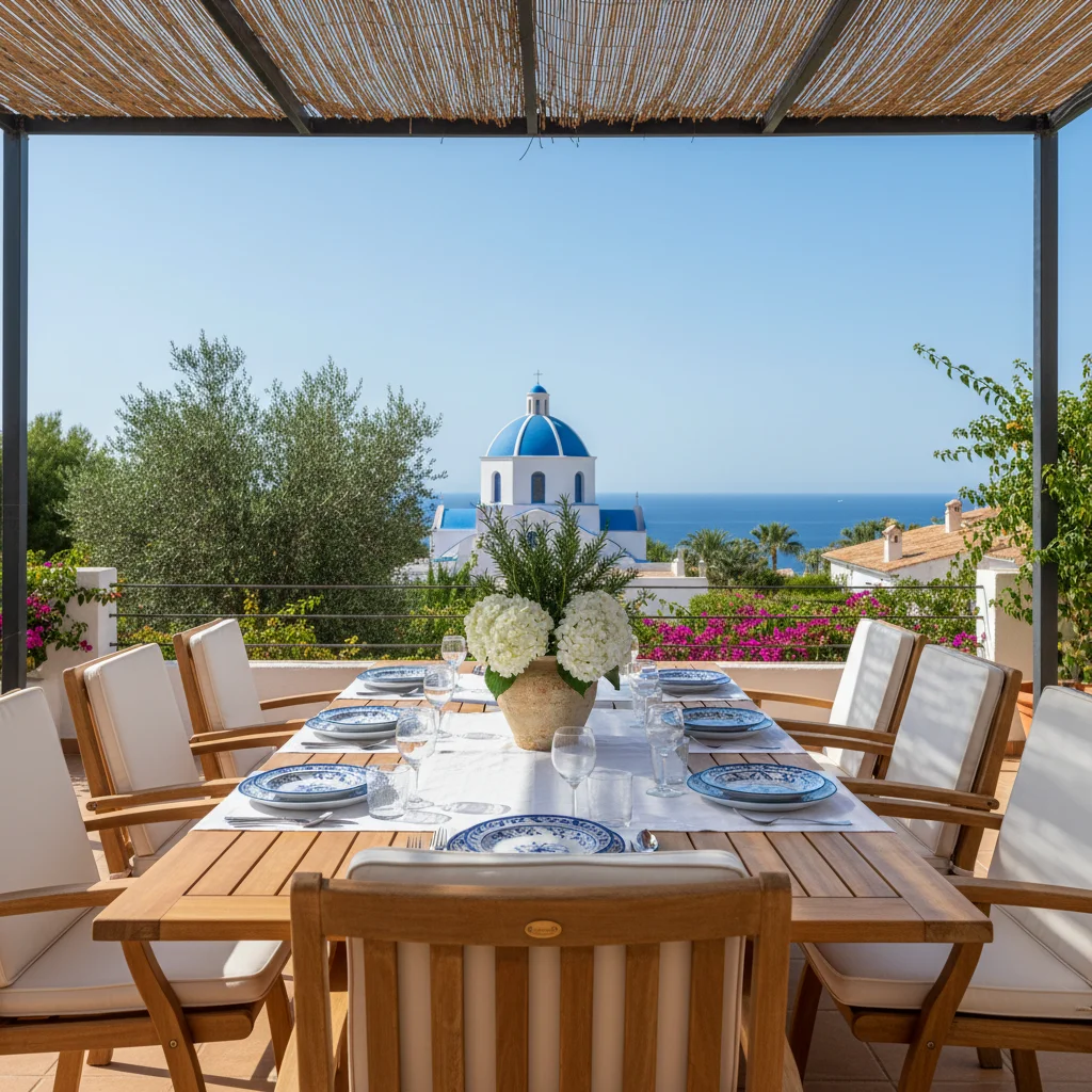 Instalación de conjuntos de comedor exterior en una terraza mediterránea en Altea, Costa Blanca