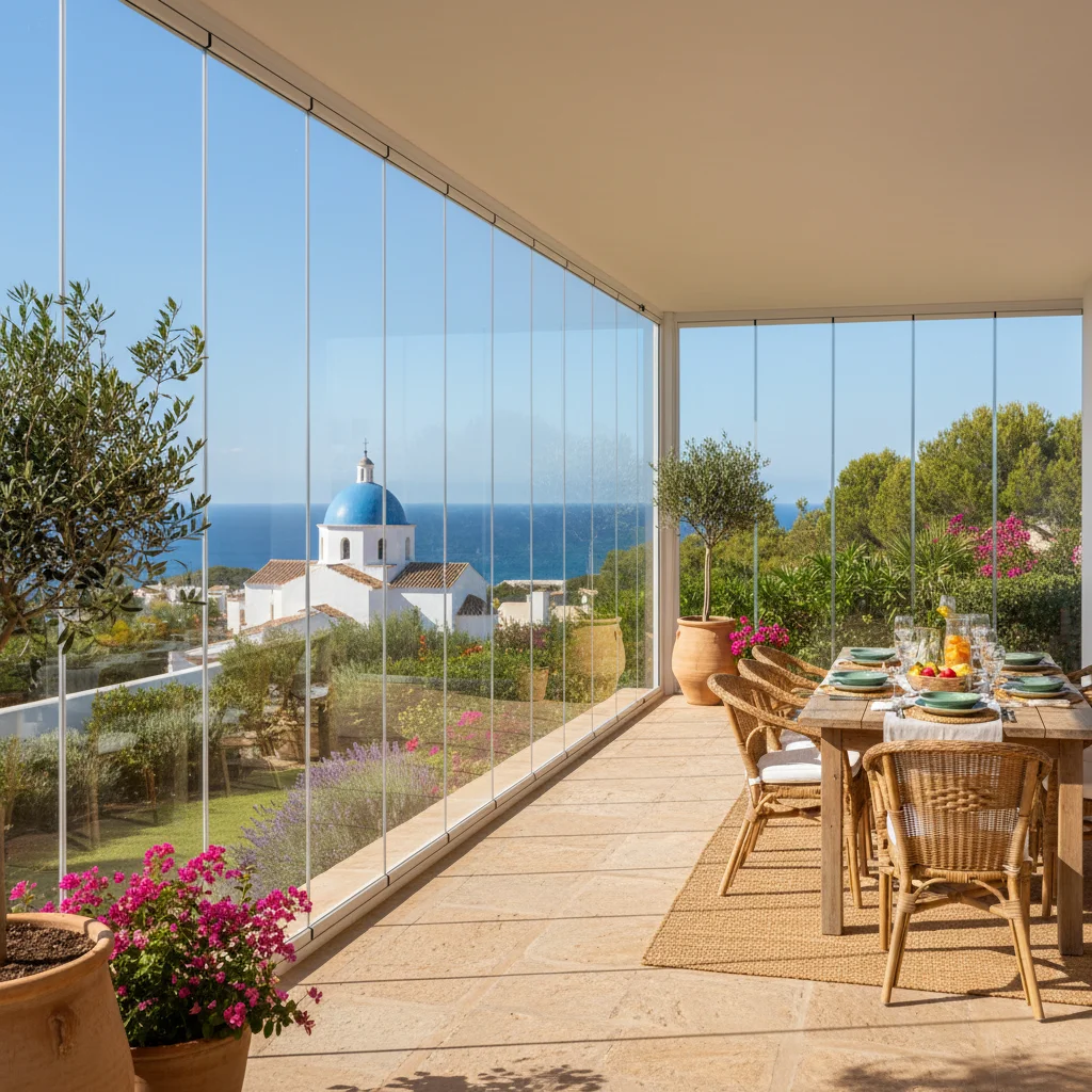 Instalación de cortinas de cristal en una terraza mediterránea en Altea, Costa Blanca