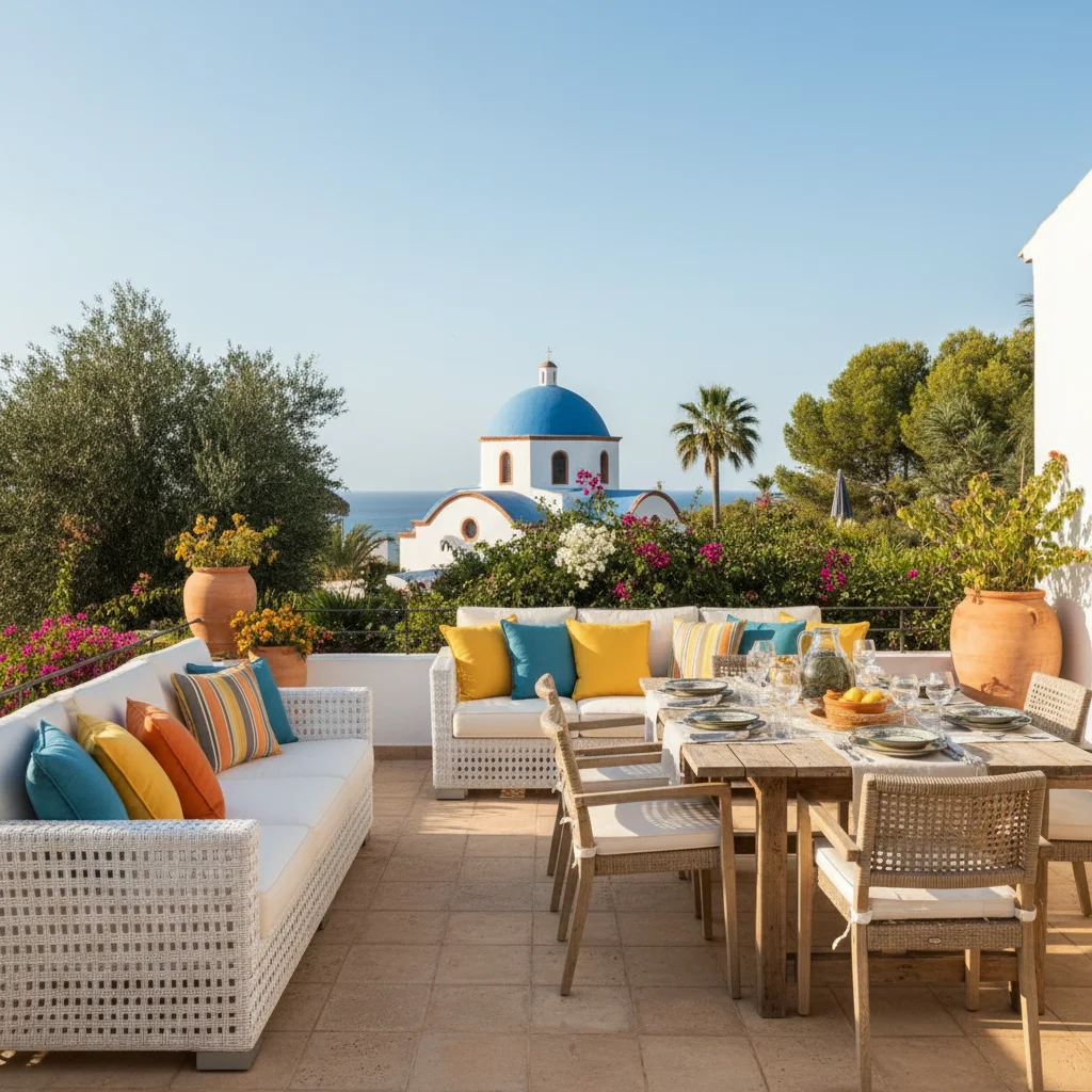 Instalación de cojines y textiles exteriores en una terraza mediterránea en Altea, Costa Blanca
