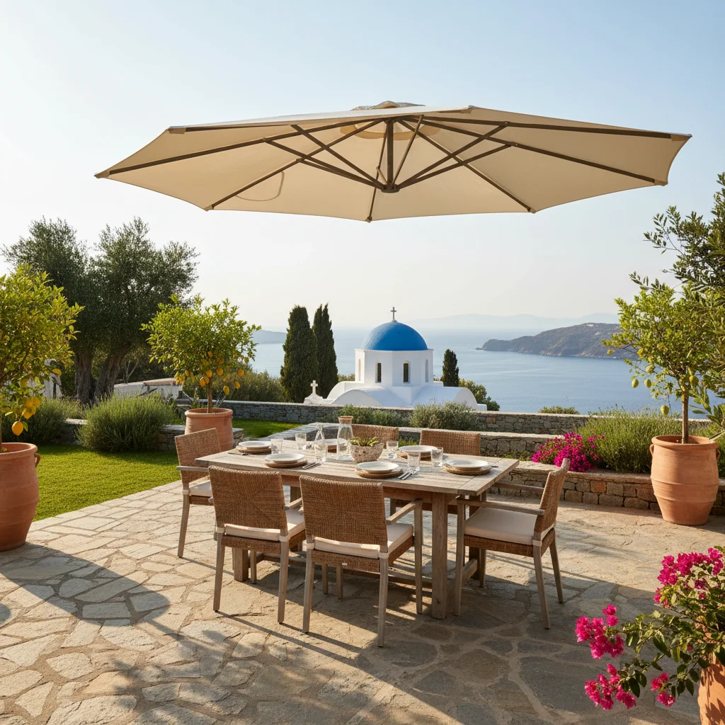 Instalación de sombrillas y parasoles en una terraza mediterránea en Altea, Costa Blanca