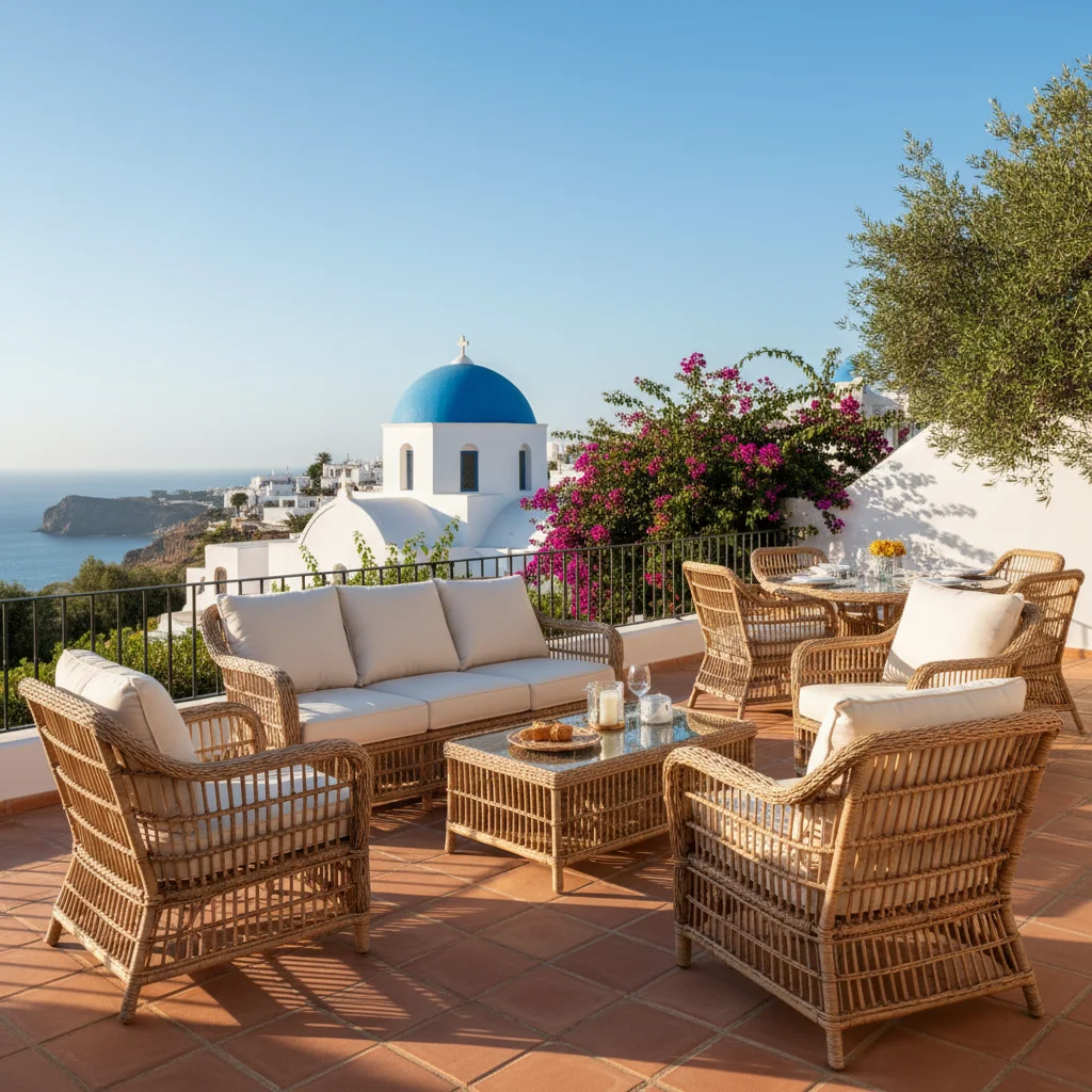 Instalación de conjuntos lounge de ratán en una terraza mediterránea en Altea, Costa Blanca
