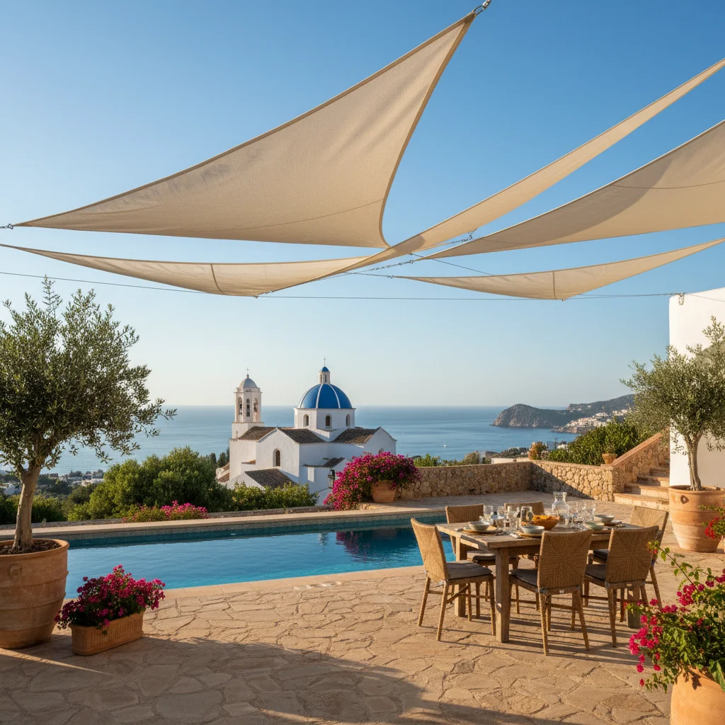 Instalación de velas de sombra en una terraza mediterránea en Altea, Costa Blanca