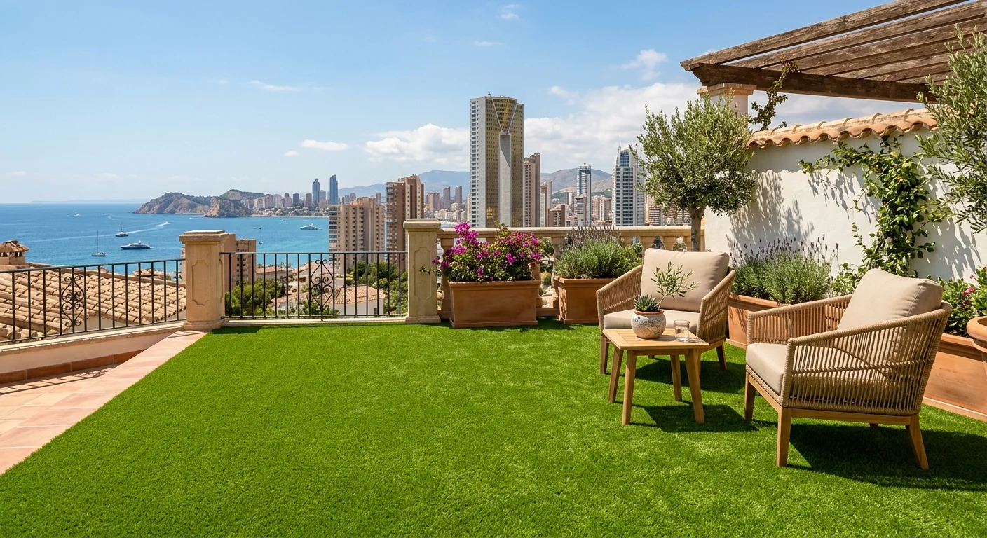 Instalación de césped artificial y paisajismo en una terraza mediterránea en Benidorm, Costa Blanca