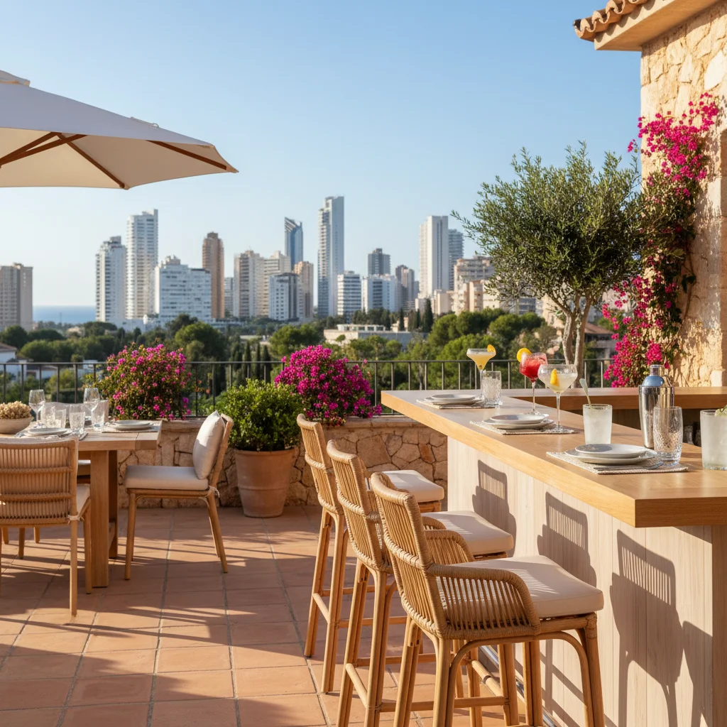 Outdoor Bar Furniture setup on a Mediterranean terrace in Benidorm, Costa Blanca