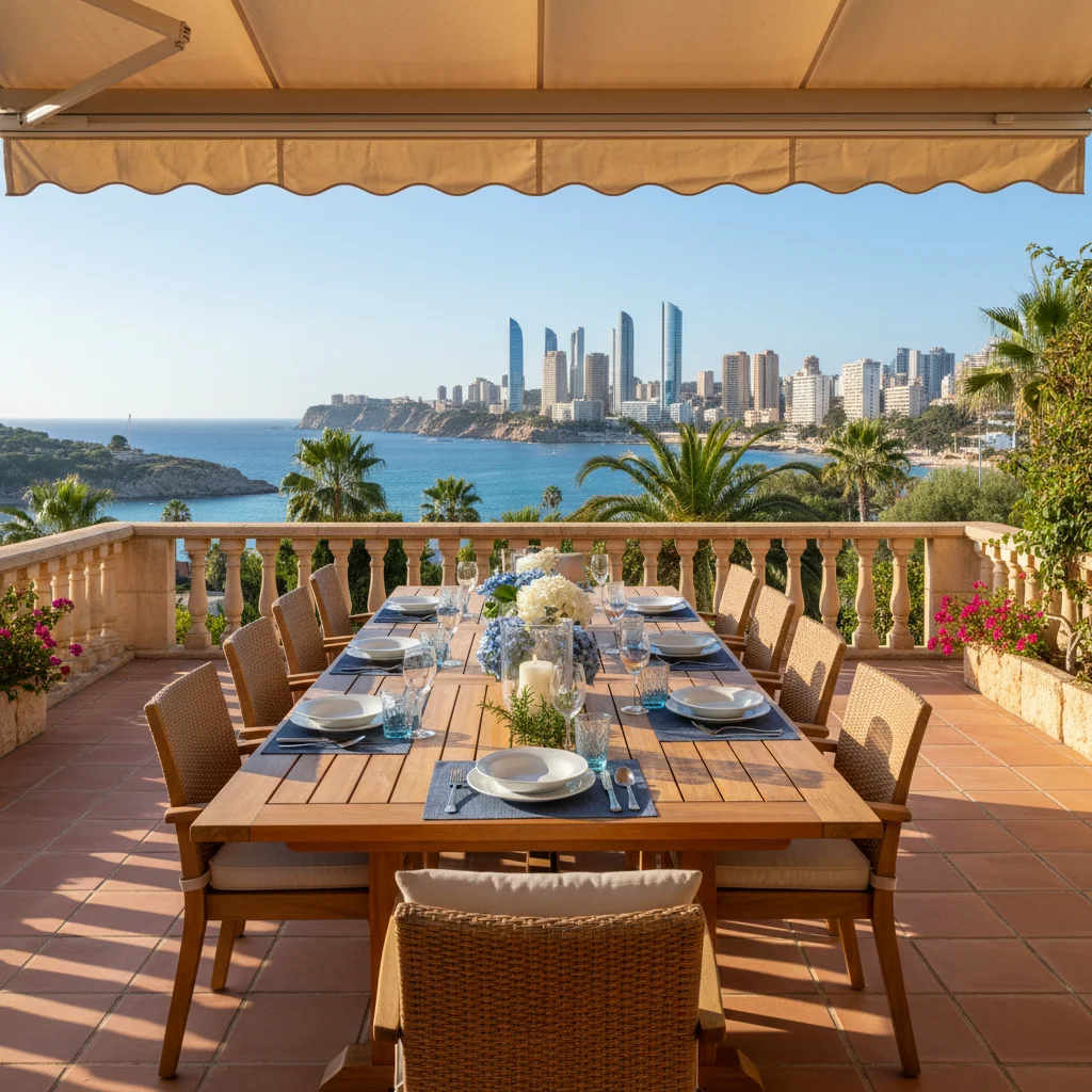 Outdoor Dining Sets setup on a Mediterranean terrace in Benidorm, Costa Blanca