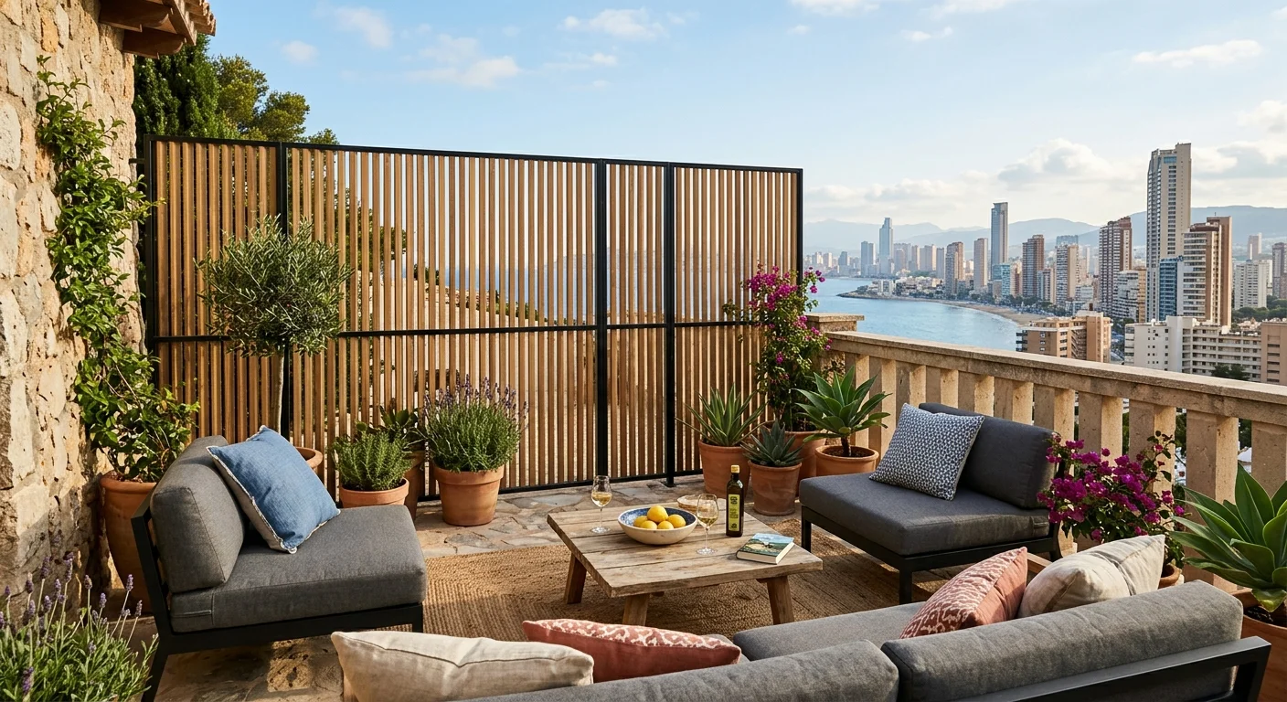 Garden Fencing & Privacy Screens setup on a Mediterranean terrace in Benidorm, Costa Blanca