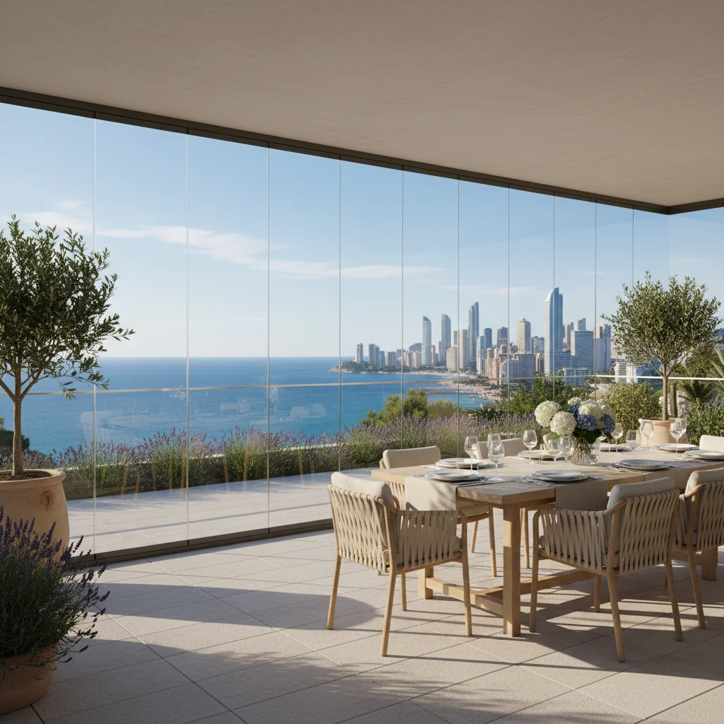 Glass Curtains & Glass Rooms setup on a Mediterranean terrace in Benidorm, Costa Blanca