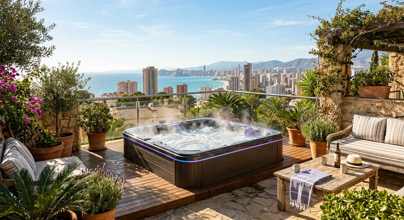 Hot Tubs & Swim Spas setup on a Mediterranean terrace in Benidorm, Costa Blanca