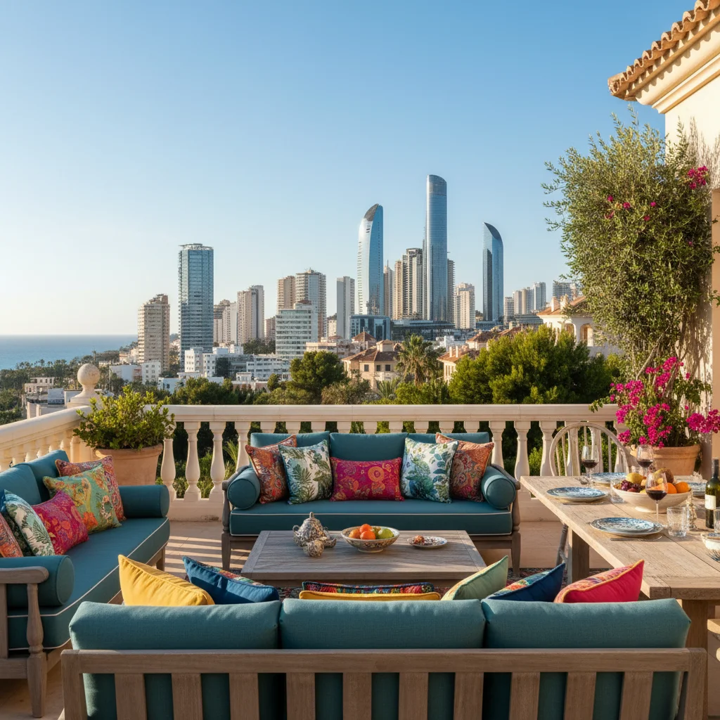 Outdoor-Kissen & Textilien-Einrichtung auf einer mediterranen Terrasse in Benidorm, Costa Blanca