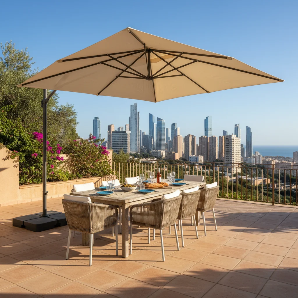 Parasols & Shade Sails setup on a Mediterranean terrace in Benidorm, Costa Blanca