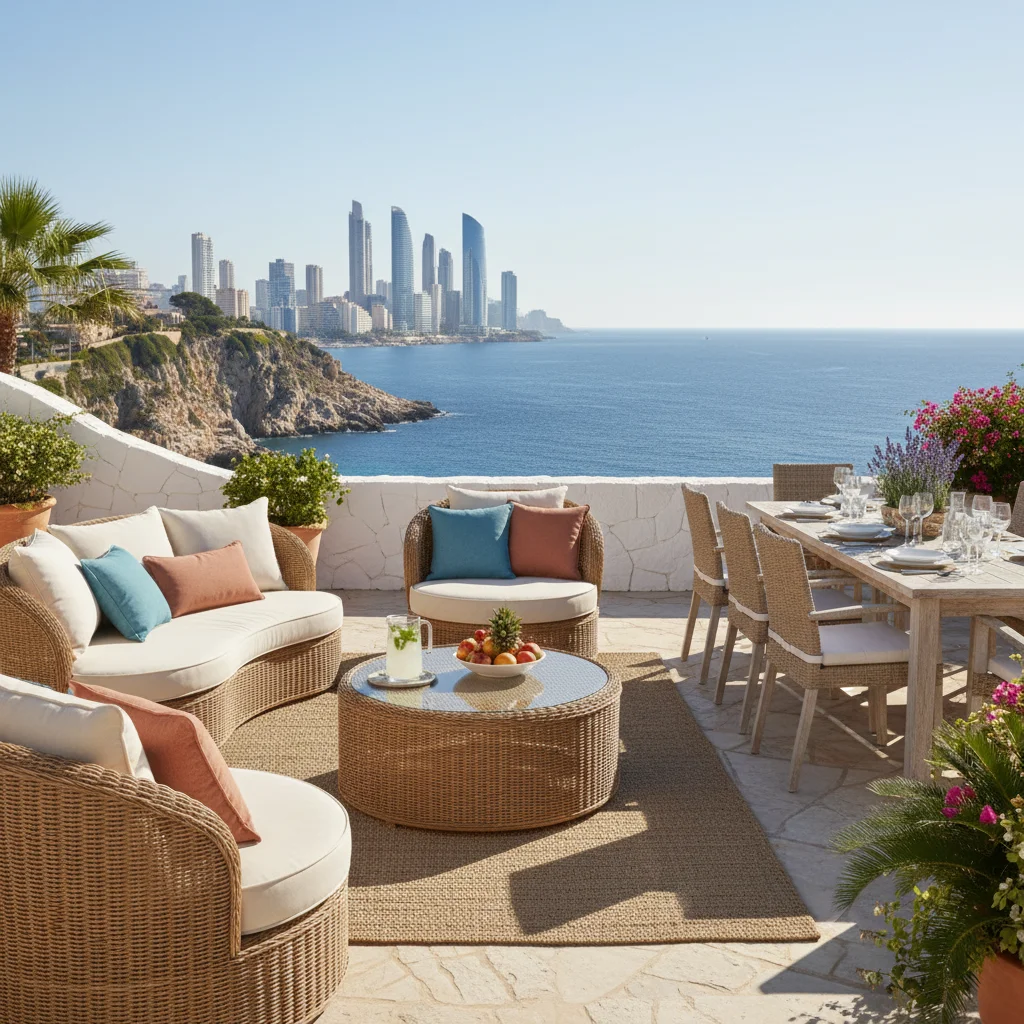 Rattan-Loungemöbel-Einrichtung auf einer mediterranen Terrasse in Benidorm, Costa Blanca