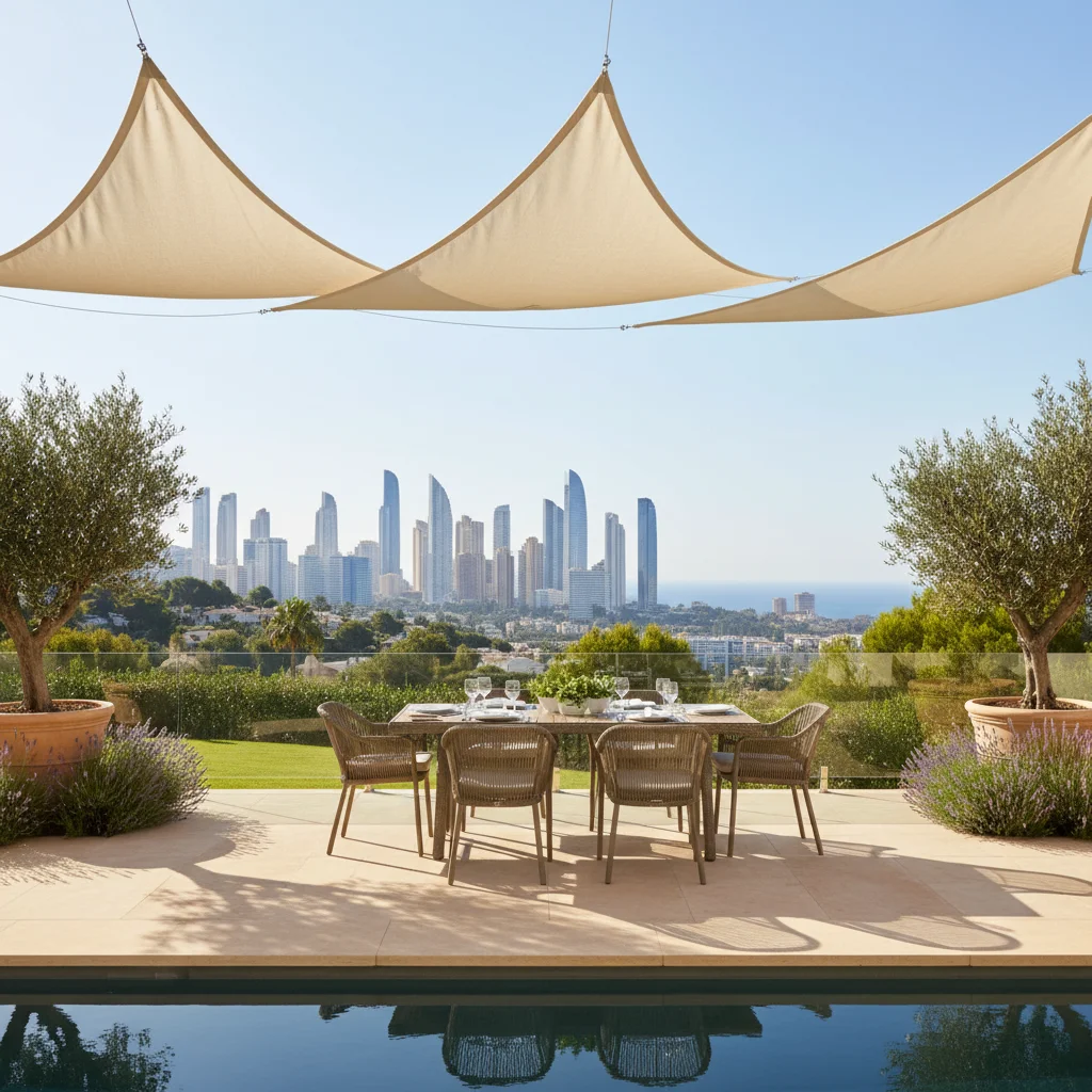 Sonnensegel-Einrichtung auf einer mediterranen Terrasse in Benidorm, Costa Blanca