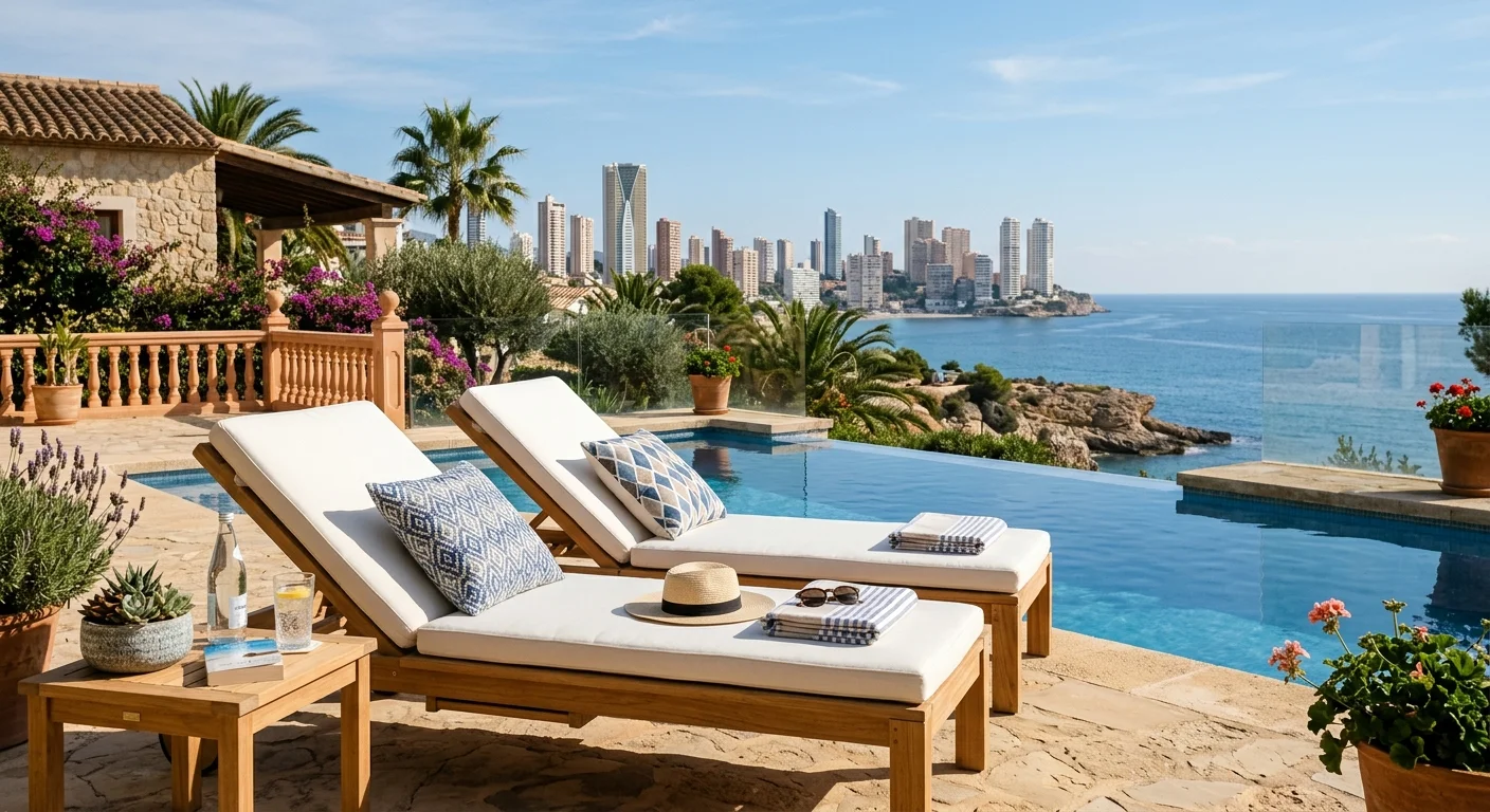 Sun Loungers & Daybeds setup on a Mediterranean terrace in Benidorm, Costa Blanca