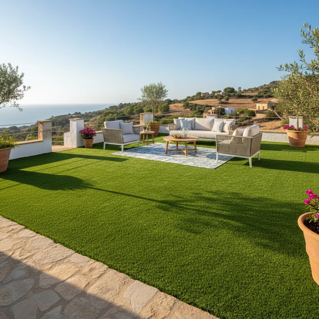 Instalación de césped artificial y paisajismo en una terraza mediterránea en Benissa, Costa Blanca