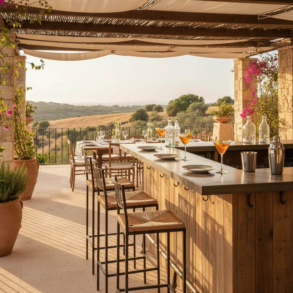 Instalación de muebles de bar exterior en una terraza mediterránea en Benissa, Costa Blanca