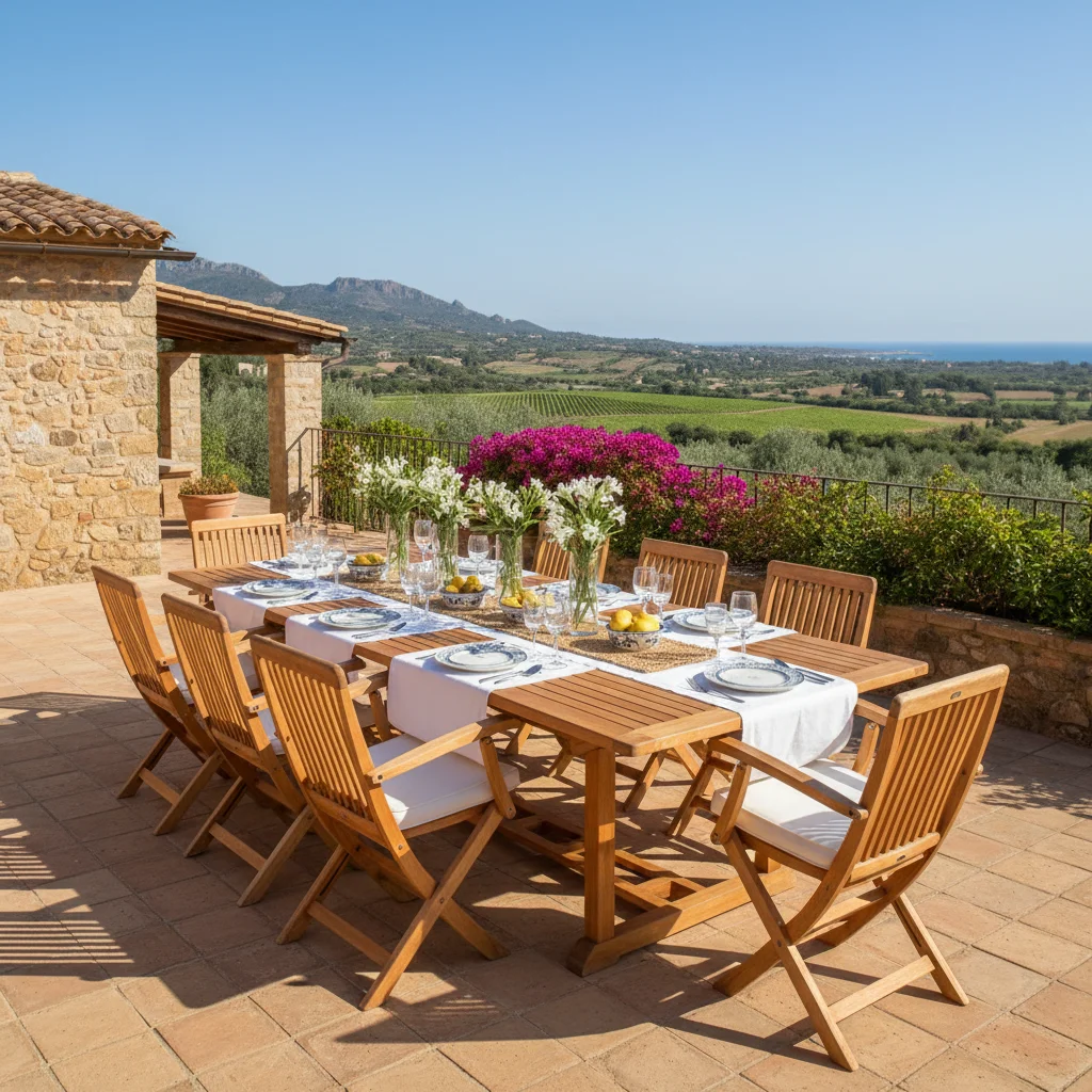 Instalación de conjuntos de comedor exterior en una terraza mediterránea en Benissa, Costa Blanca