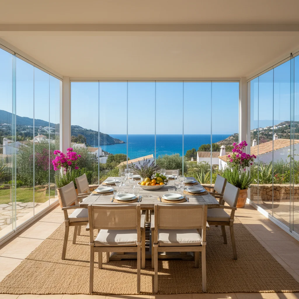 Instalación de cortinas de cristal en una terraza mediterránea en Benissa, Costa Blanca