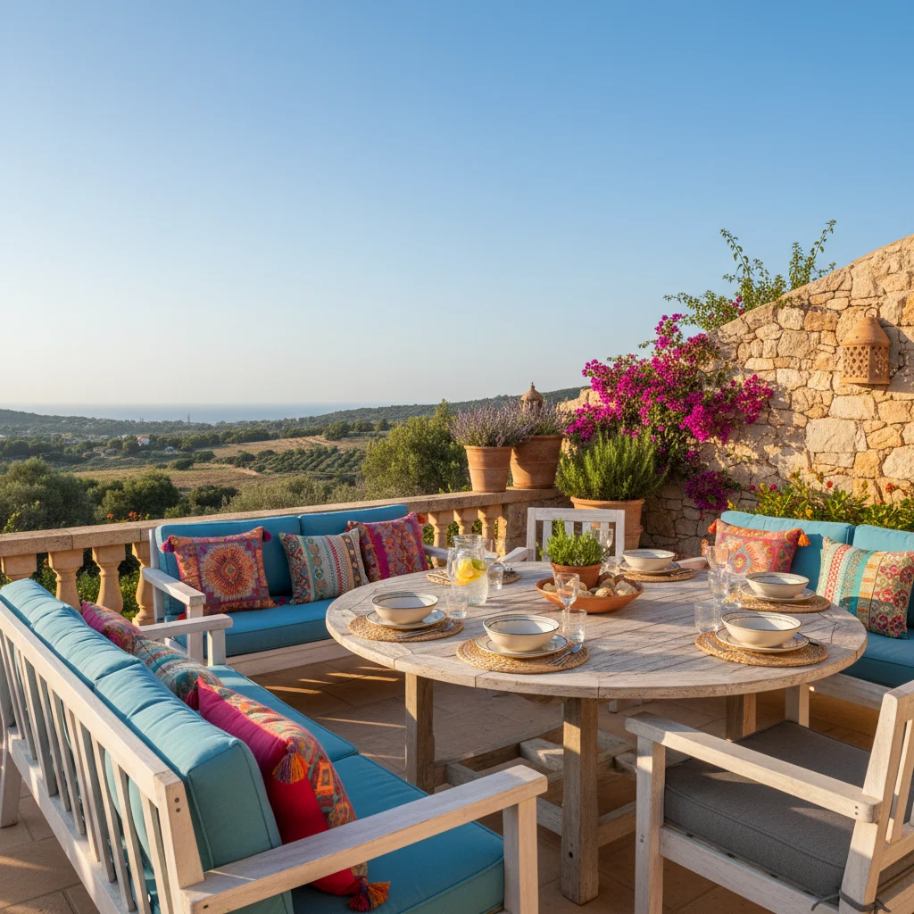 Instalación de cojines y textiles exteriores en una terraza mediterránea en Benissa, Costa Blanca